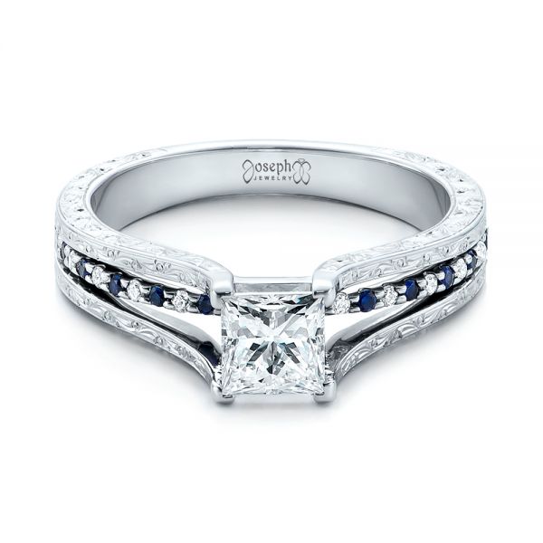 14k White Gold Custom Diamond And Blue Sapphire Engagement Ring - Flat View - 102095