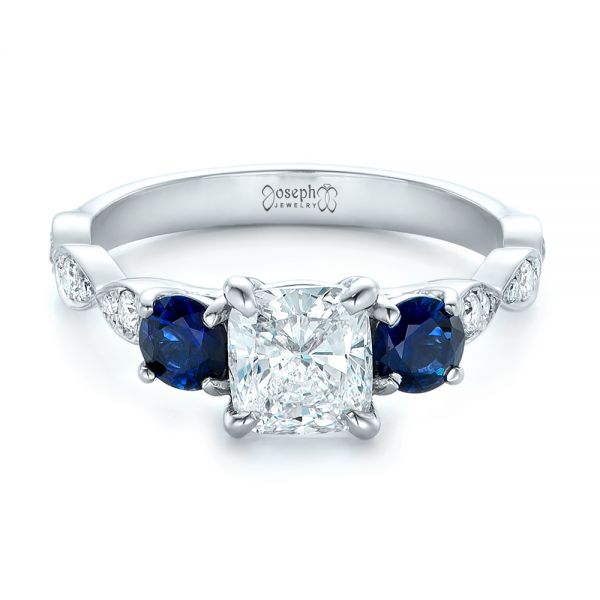 Platinum Custom Diamond And Blue Sapphire Engagement Ring - Flat View -  102227