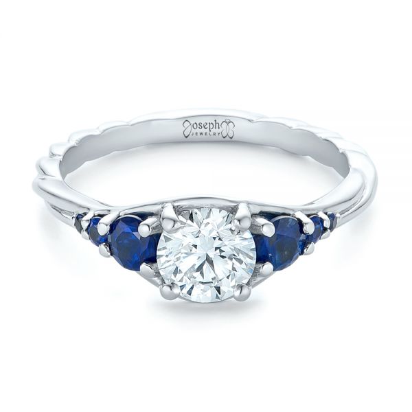  Platinum Custom Diamond And Blue Sapphire Engagement Ring - Flat View -  102336