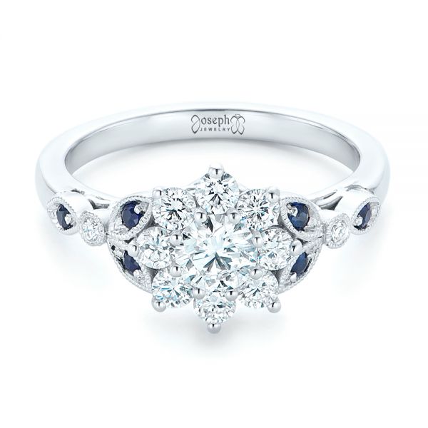 14k White Gold Custom Diamond And Blue Sapphire Engagement Ring - Flat View -  102382