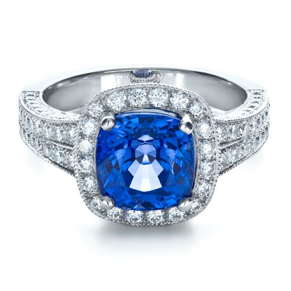  Platinum Custom Diamond And Blue Sapphire Engagement Ring - Flat View -  1212