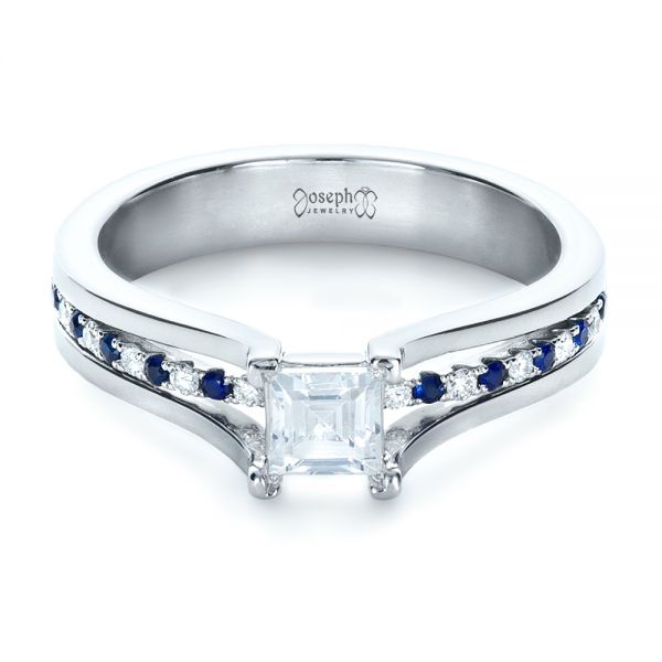  Platinum Custom Diamond And Blue Sapphire Engagement Ring - Flat View -  1297