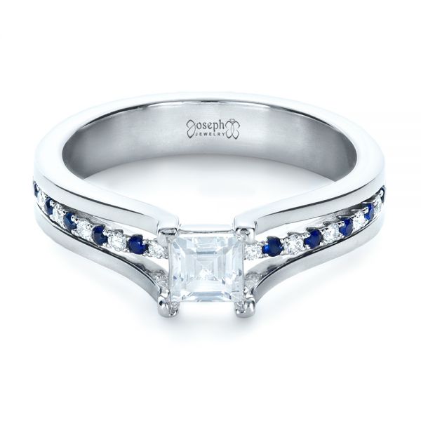 Platinum Custom Diamond And Blue Sapphire Engagement Ring - Flat View - 1297