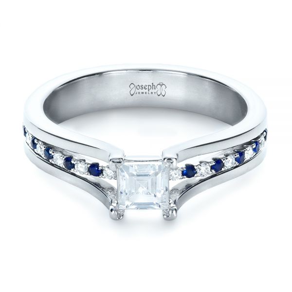 14k White Gold 14k White Gold Custom Diamond And Blue Sapphire Engagement Ring - Flat View -  1297