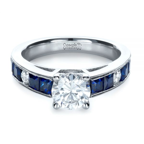 18k White Gold Custom Diamond And Blue Sapphire Engagement Ring - Flat View -  1387