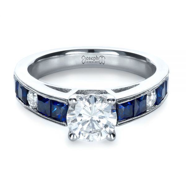 18k White Gold Custom Diamond And Blue Sapphire Engagement Ring - Flat View - 1387