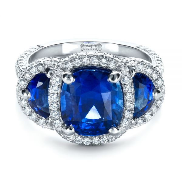 Platinum Custom Diamond And Blue Sapphire Engagement Ring - Flat View - 1405