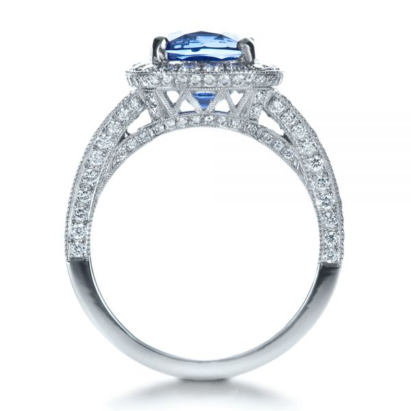  Platinum Custom Diamond And Blue Sapphire Engagement Ring - Front View -  1212