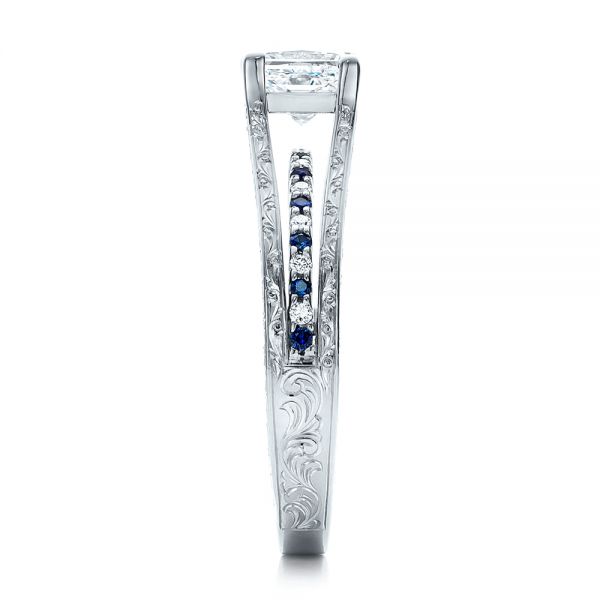 14k White Gold Custom Diamond And Blue Sapphire Engagement Ring - Side View - 102095