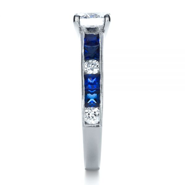 18k White Gold Custom Diamond And Blue Sapphire Engagement Ring - Side View -  1387
