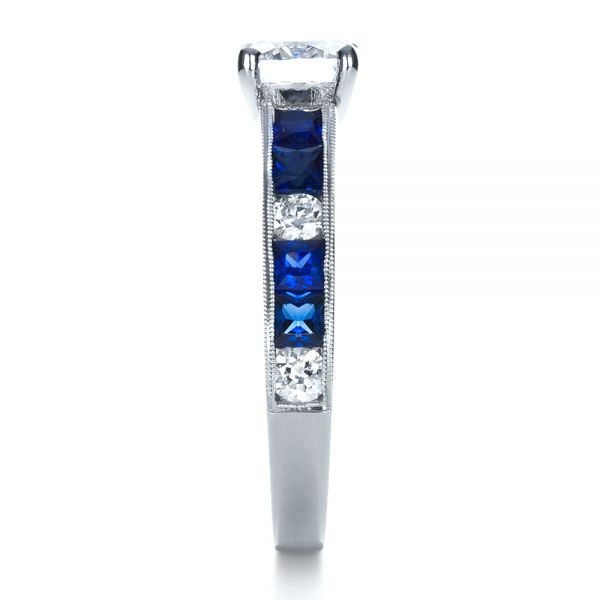 18k White Gold Custom Diamond And Blue Sapphire Engagement Ring - Side View - 1387