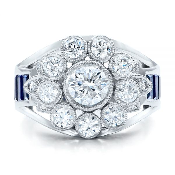  Platinum Custom Diamond And Blue Sapphire Engagement Ring - Top View -  101172