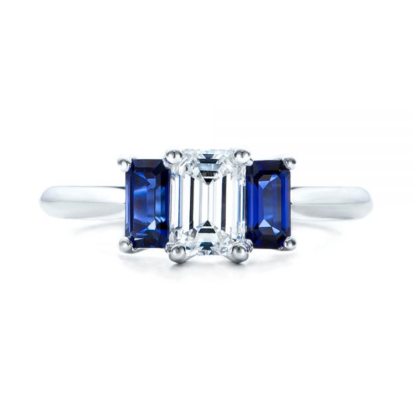 14k White Gold Custom Diamond And Blue Sapphire Engagement Ring - Top View - 102031