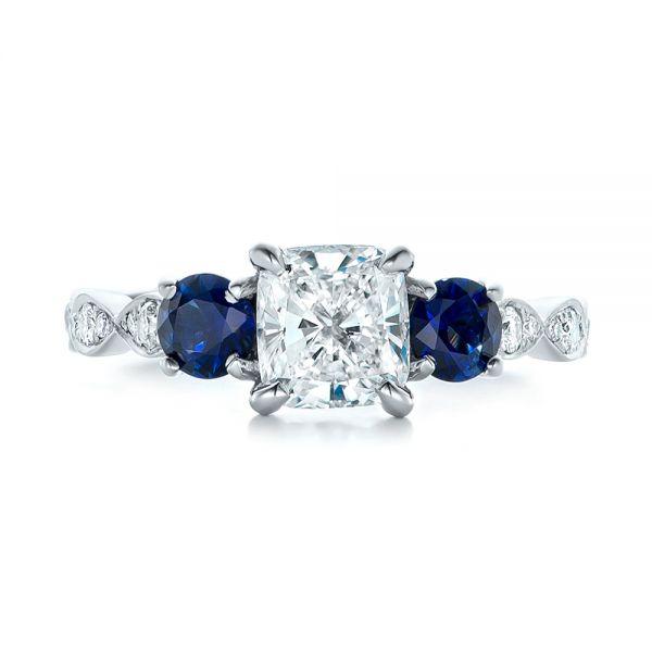  Platinum Custom Diamond And Blue Sapphire Engagement Ring - Top View -  102227