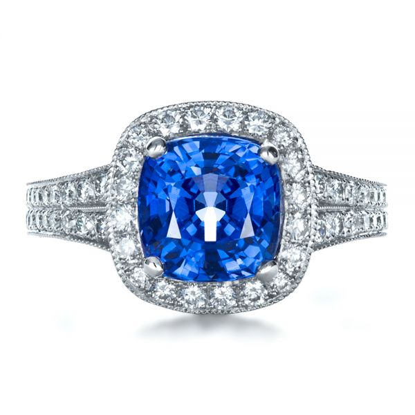  Platinum Custom Diamond And Blue Sapphire Engagement Ring - Top View -  1212