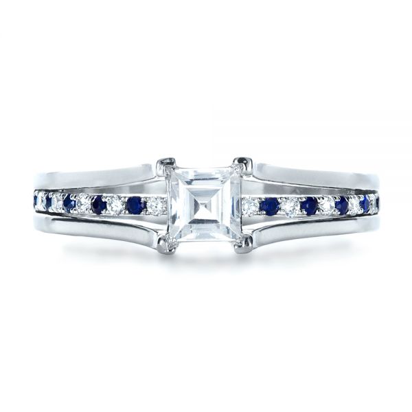 Platinum Custom Diamond And Blue Sapphire Engagement Ring - Top View - 1297