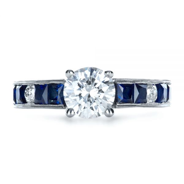 18k White Gold Custom Diamond And Blue Sapphire Engagement Ring - Top View -  1387