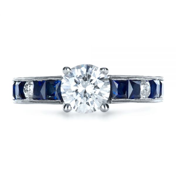 18k White Gold Custom Diamond And Blue Sapphire Engagement Ring - Top View - 1387