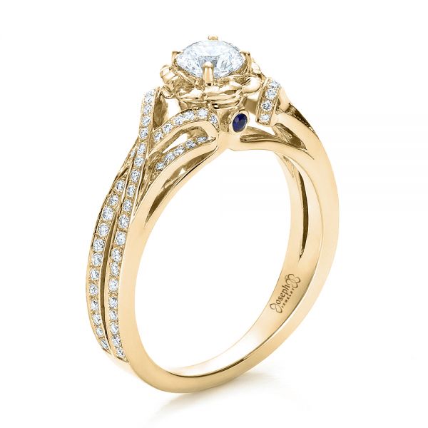 18k Yellow Gold 18k Yellow Gold Custom Diamond And Blue Sapphire Engagement Ring - Three-Quarter View -  100276