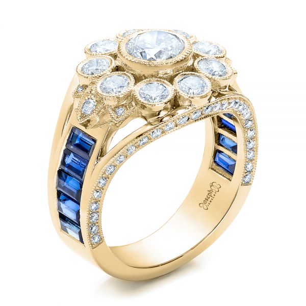 18k Yellow Gold 18k Yellow Gold Custom Diamond And Blue Sapphire Engagement Ring - Three-Quarter View - 101172