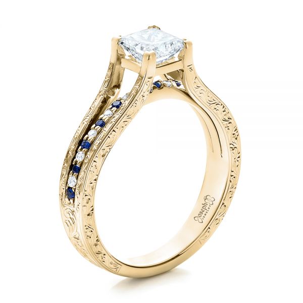 18k Yellow Gold 18k Yellow Gold Custom Diamond And Blue Sapphire Engagement Ring - Three-Quarter View -  102095