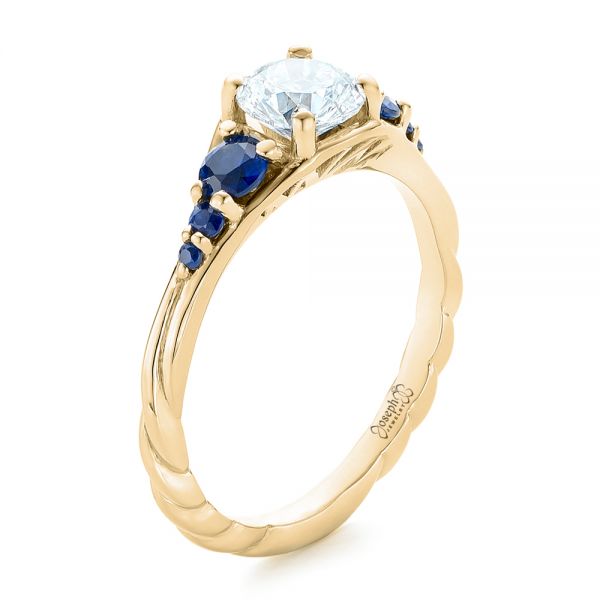 18k Yellow Gold 18k Yellow Gold Custom Diamond And Blue Sapphire Engagement Ring - Three-Quarter View -  102336
