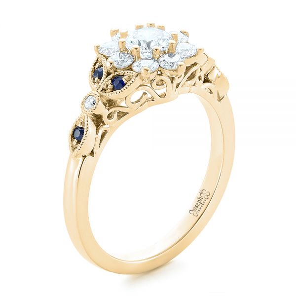 18k Yellow Gold 18k Yellow Gold Custom Diamond And Blue Sapphire Engagement Ring - Three-Quarter View -  102382