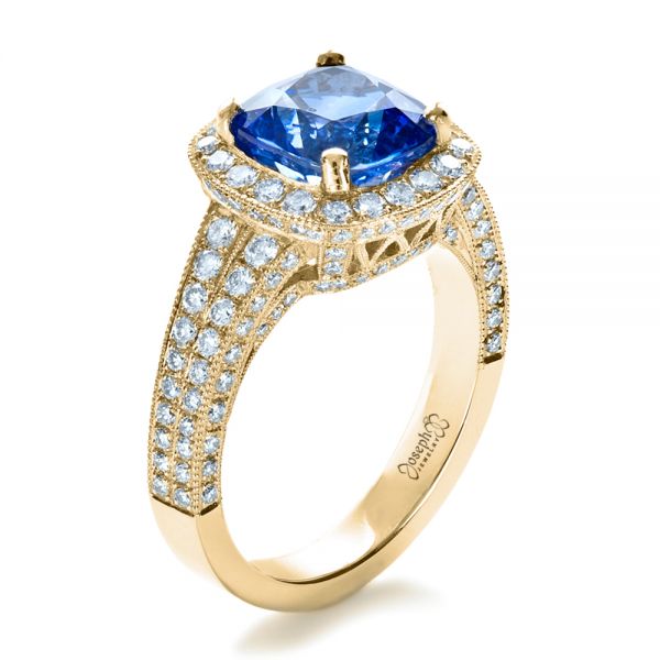 18k Yellow Gold 18k Yellow Gold Custom Diamond And Blue Sapphire Engagement Ring - Three-Quarter View -  1212