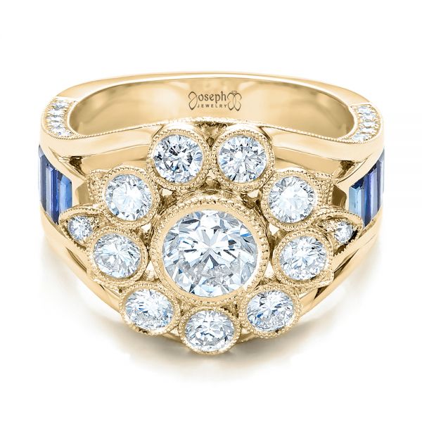18k Yellow Gold 18k Yellow Gold Custom Diamond And Blue Sapphire Engagement Ring - Flat View -  101172