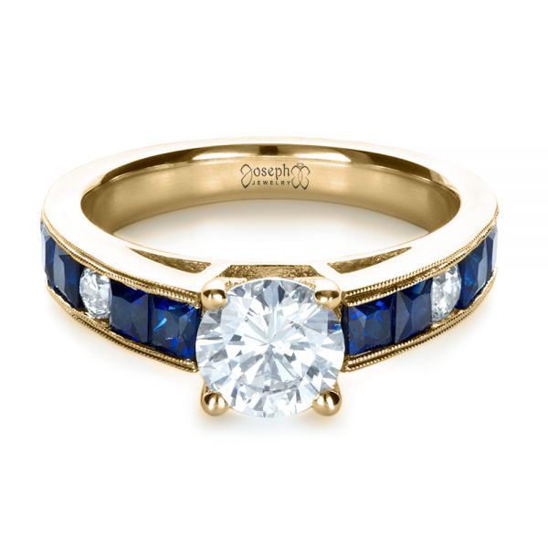18k Yellow Gold 18k Yellow Gold Custom Diamond And Blue Sapphire Engagement Ring - Flat View -  1387