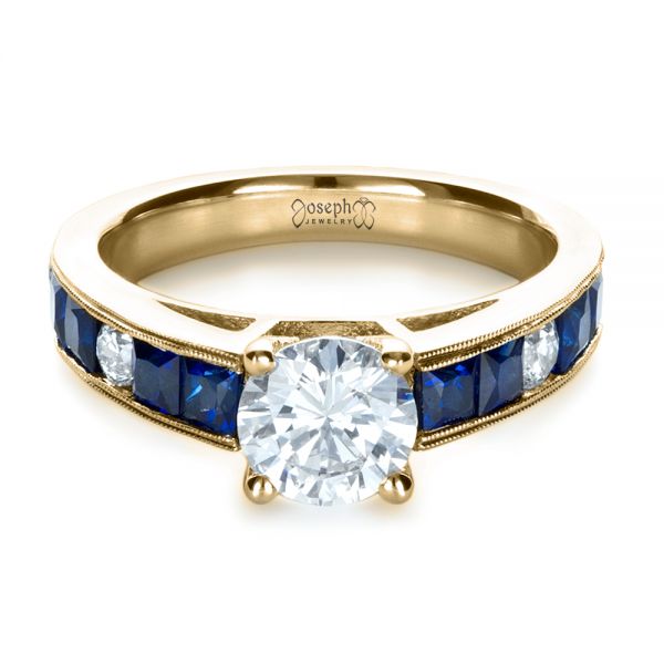 14k Yellow Gold 14k Yellow Gold Custom Diamond And Blue Sapphire Engagement Ring - Flat View - 1387