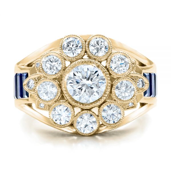 18k Yellow Gold 18k Yellow Gold Custom Diamond And Blue Sapphire Engagement Ring - Top View -  101172