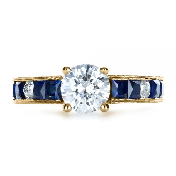 18k Yellow Gold 18k Yellow Gold Custom Diamond And Blue Sapphire Engagement Ring - Top View -  1387