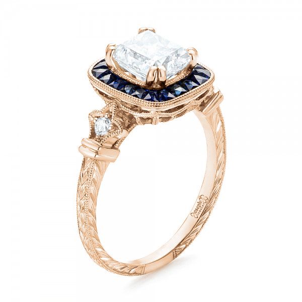 14k Rose Gold 14k Rose Gold Custom Diamond And Blue Sapphire Halo Engagement Ring - Three-Quarter View -  102889