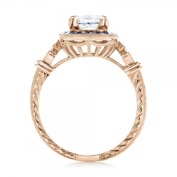 18k Rose Gold 18k Rose Gold Custom Diamond And Blue Sapphire Halo Engagement Ring - Front View -  102889