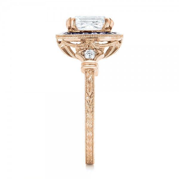 18k Rose Gold 18k Rose Gold Custom Diamond And Blue Sapphire Halo Engagement Ring - Side View -  102889