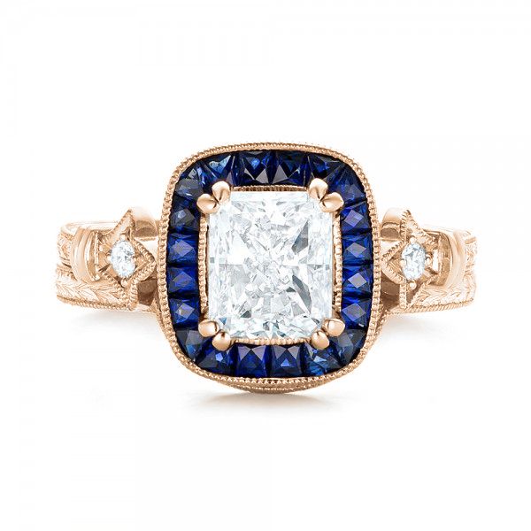 18k Rose Gold 18k Rose Gold Custom Diamond And Blue Sapphire Halo Engagement Ring - Top View -  102889