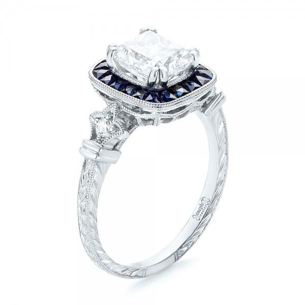  Platinum Custom Diamond And Blue Sapphire Halo Engagement Ring - Three-Quarter View -  102889
