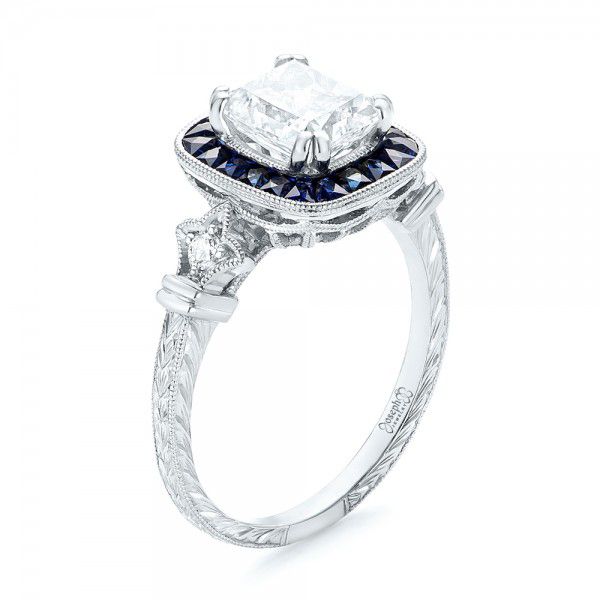 18k White Gold 18k White Gold Custom Diamond And Blue Sapphire Halo Engagement Ring - Three-Quarter View -  102889