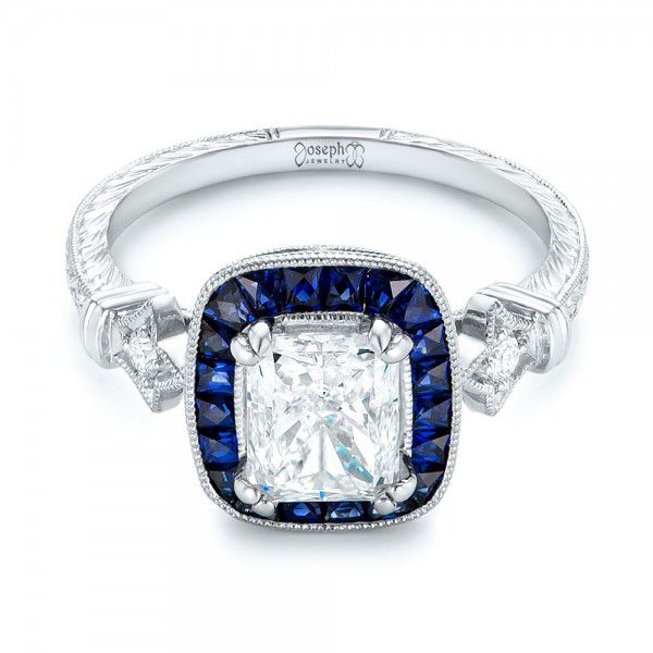 14k White Gold 14k White Gold Custom Diamond And Blue Sapphire Halo Engagement Ring - Flat View -  102889