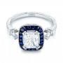 Platinum Custom Diamond And Blue Sapphire Halo Engagement Ring - Flat View -  102889 - Thumbnail