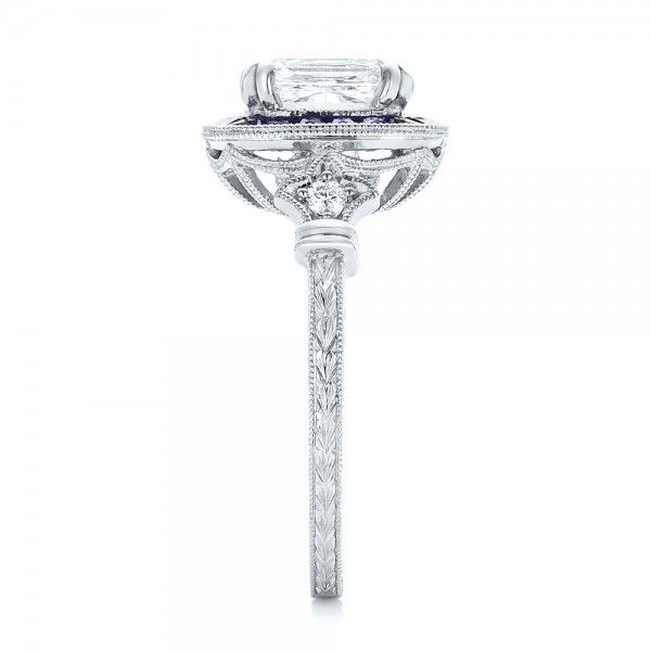  Platinum Custom Diamond And Blue Sapphire Halo Engagement Ring - Side View -  102889