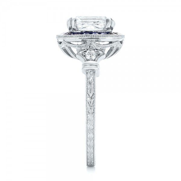 18k White Gold 18k White Gold Custom Diamond And Blue Sapphire Halo Engagement Ring - Side View -  102889