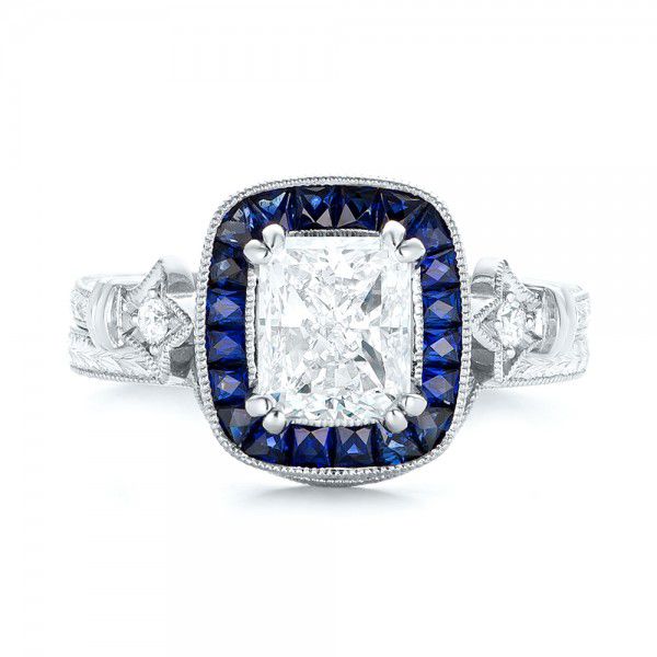 Custom Diamond and Blue Sapphire Halo Engagement Ring - Image