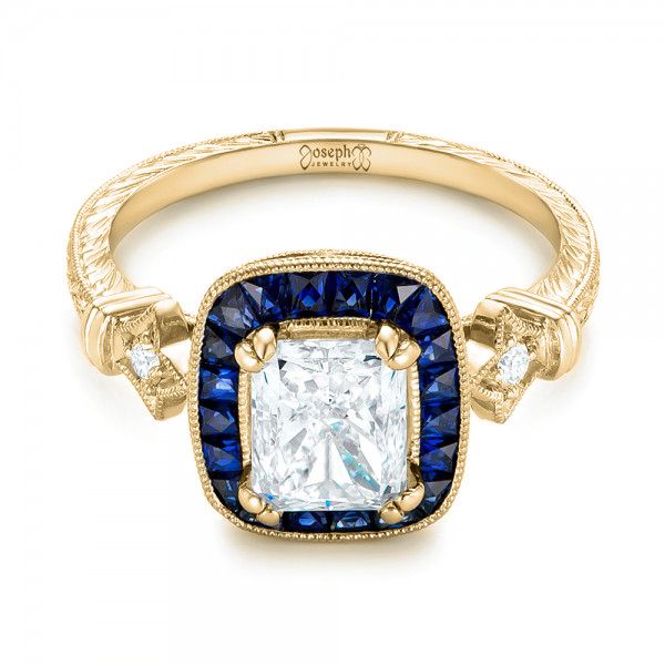 14k Yellow Gold 14k Yellow Gold Custom Diamond And Blue Sapphire Halo Engagement Ring - Flat View -  102889