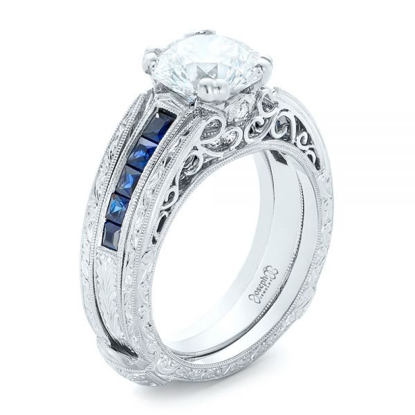  Platinum Custom Diamond And Blue Sapphire Interlocking Engagement Ring - Three-Quarter View -  102340