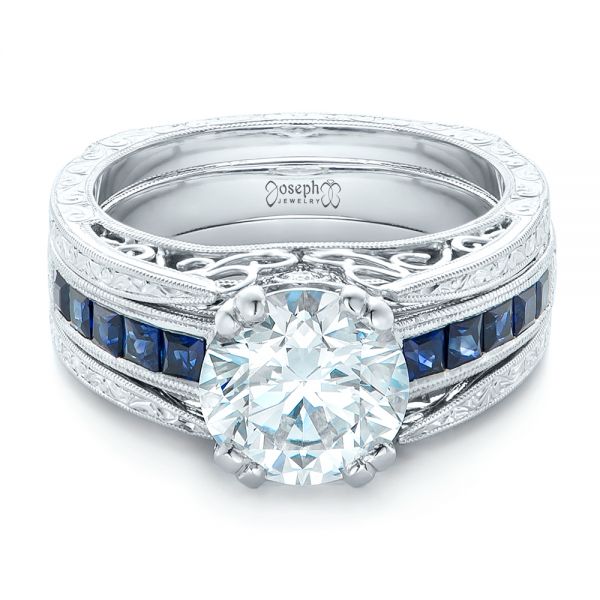 Platinum Custom Diamond And Blue Sapphire Interlocking Engagement Ring - Flat View - 102340