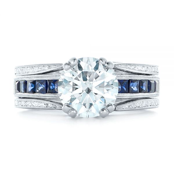 Platinum Custom Diamond And Blue Sapphire Interlocking Engagement Ring - Top View - 102340