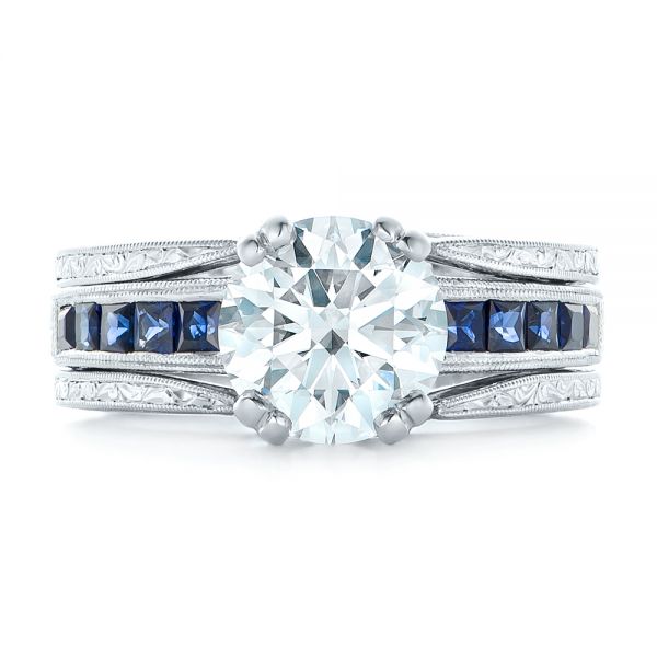  Platinum Custom Diamond And Blue Sapphire Interlocking Engagement Ring - Top View -  102340