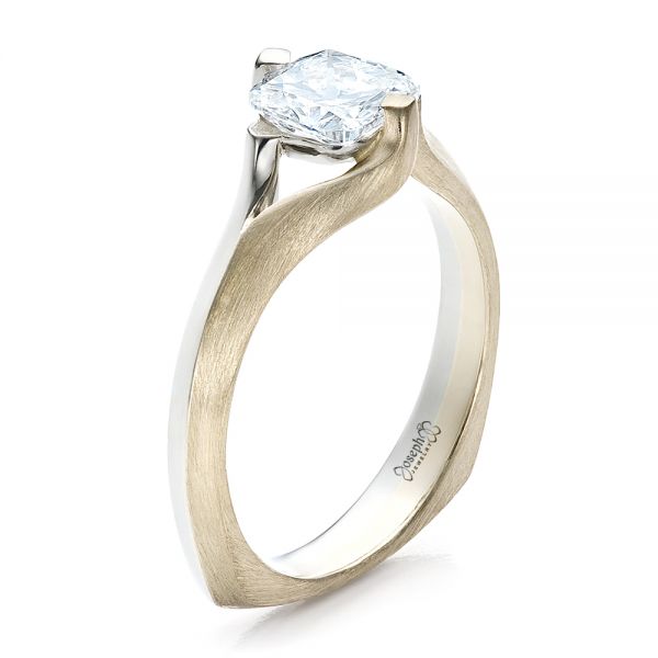  Platinum And 14K Gold Custom Diamond And Brushed Metal Engagement Ring - Three-Quarter View -  100050